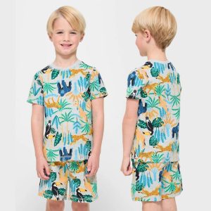 لباس پسرانه و دخترانه سایز 0 تا 2 سال 15 ست تیشرت شلوارک بچگانه طرح حیوانات برند Kids